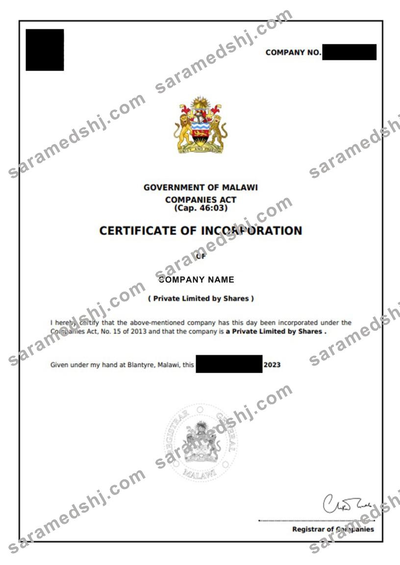 Malawi Certificate of Incorporation